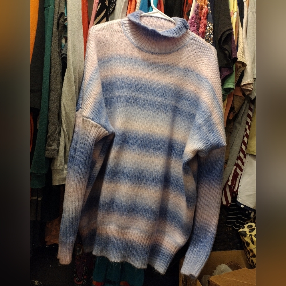 Ash Blue and Pink Striped Long Turtleneck Sweater